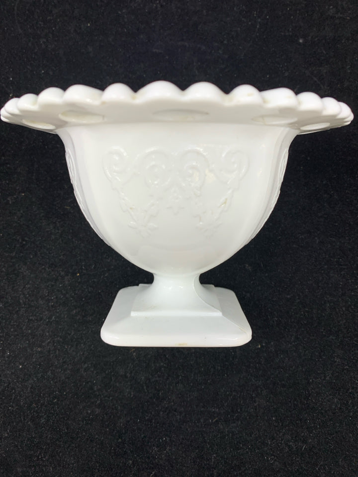 VTG MILK GLASS LACED EDGE FOOTED CANDY DISH.