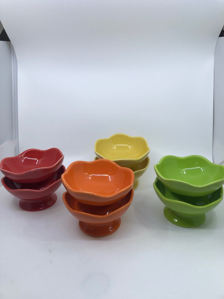 8 FOOTED FRUIT BOWLS MULTI COLORS.