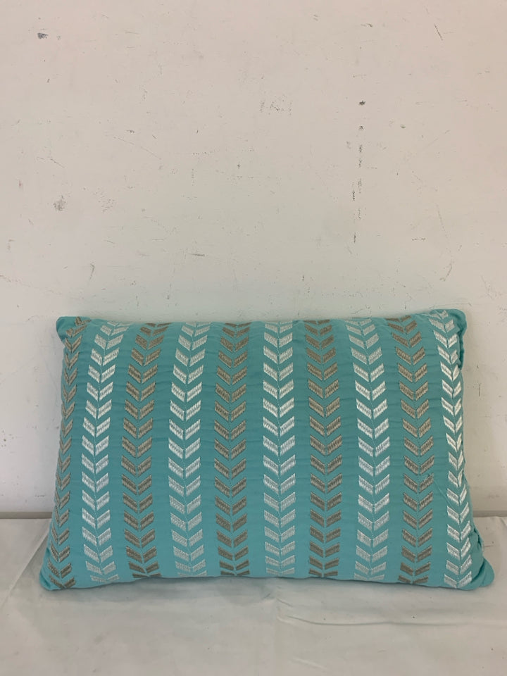 TEAL W GREY AND WHITE PILLOW.