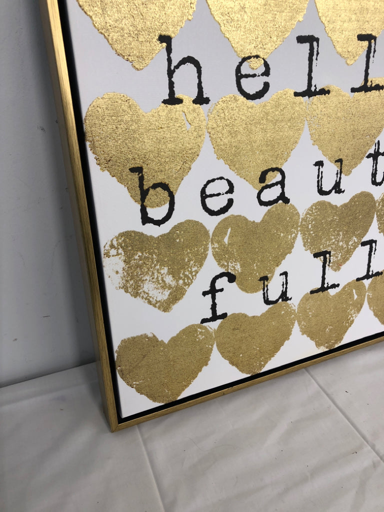 THICK HELLO BEAUTY FULL W/ GOLD HEARTS WALL ART CANVAS.