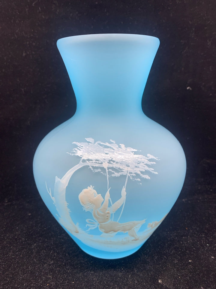 VTG FROSTED LIGHT BLUE VASE W WHITE GIRL ON SWING.