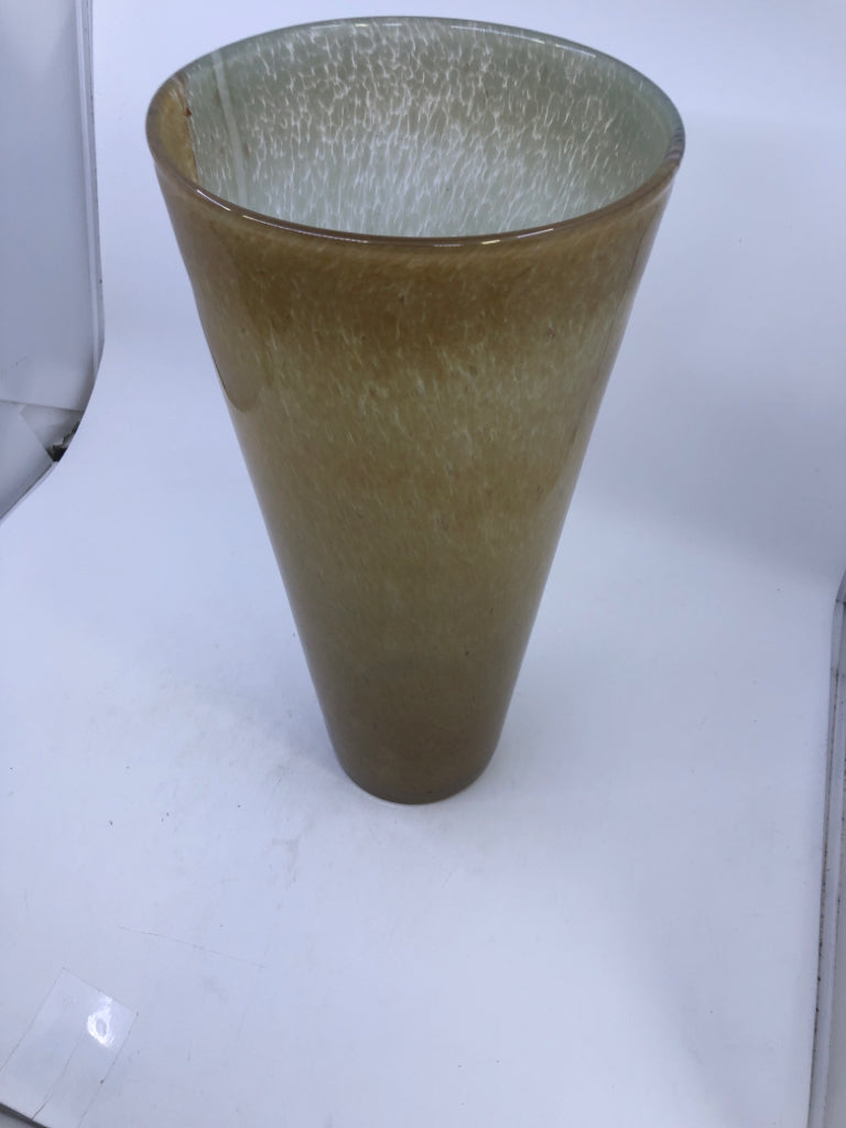 LARGE TAN BLOWN GLASS VASE.