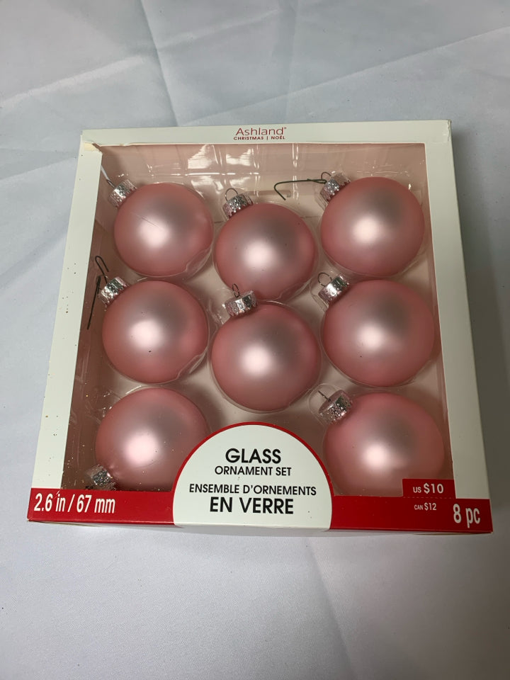 8 PINK BULB GLASS ORNAMENTS.