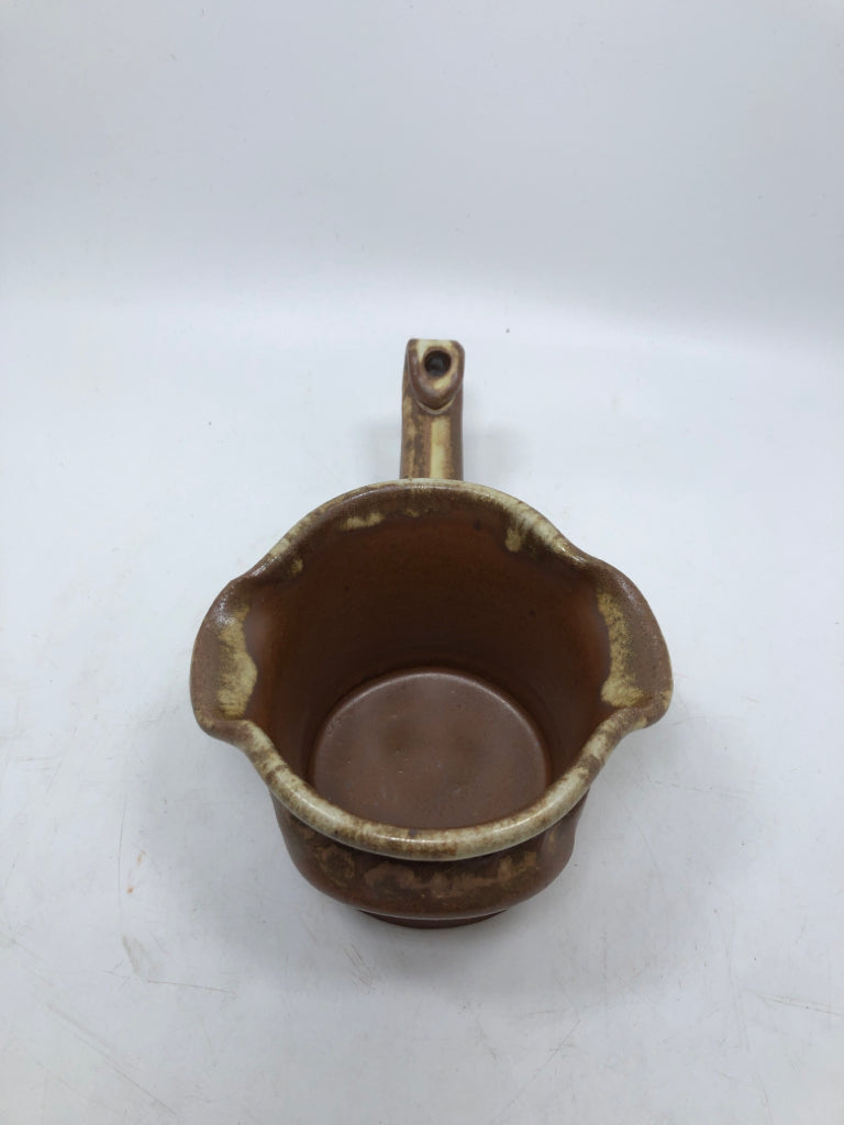 BROWN GLAZED POTTERY BUTTER WARMER.