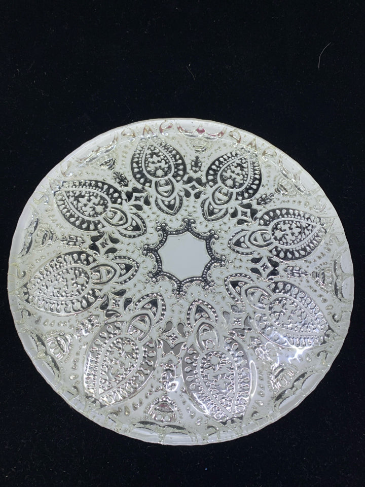 SLIVER GLASS ORNATE SERVER ON PEDESTAL.
