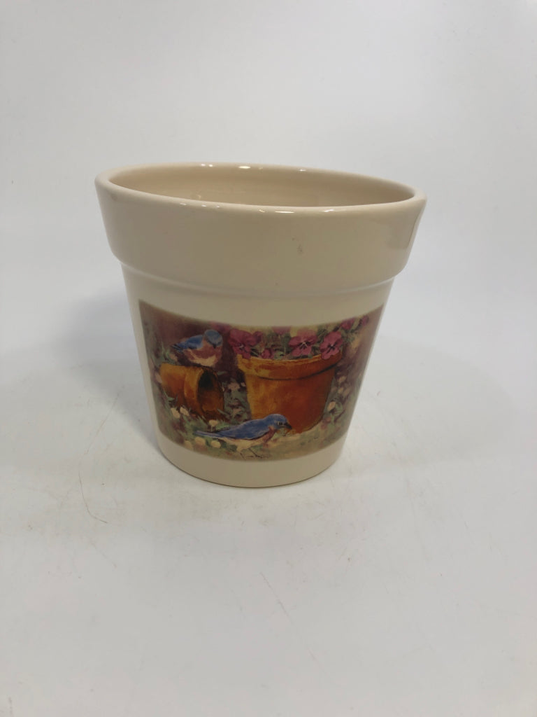 BLUE BIRDS ON CREAM CERAMIC POT.