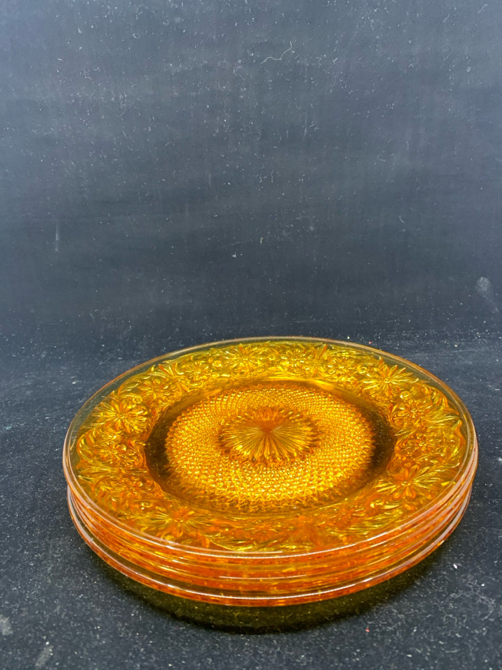 4 VTG GLASS AMBER GLASS FLORAL PATTERN LUNCH PLATES.