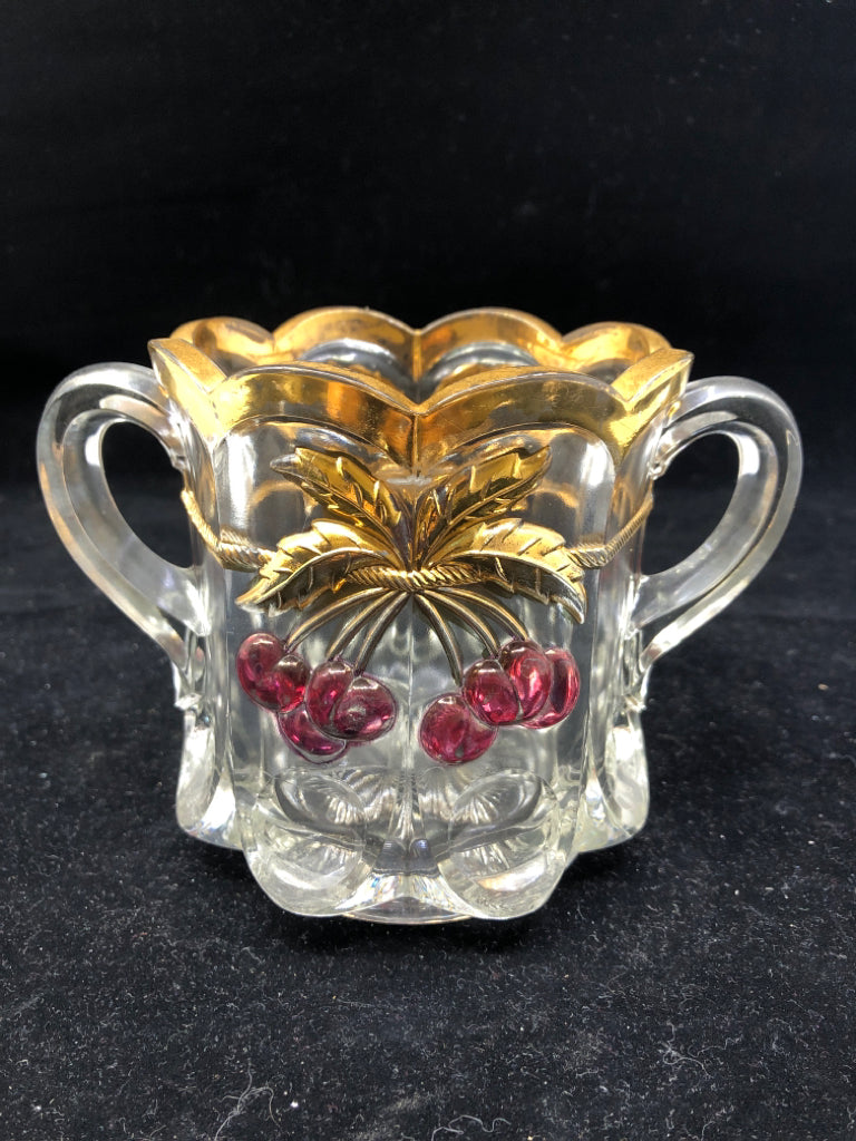 VTG GOLD AND CHERRIES SUGAR W TWO HANDLES.