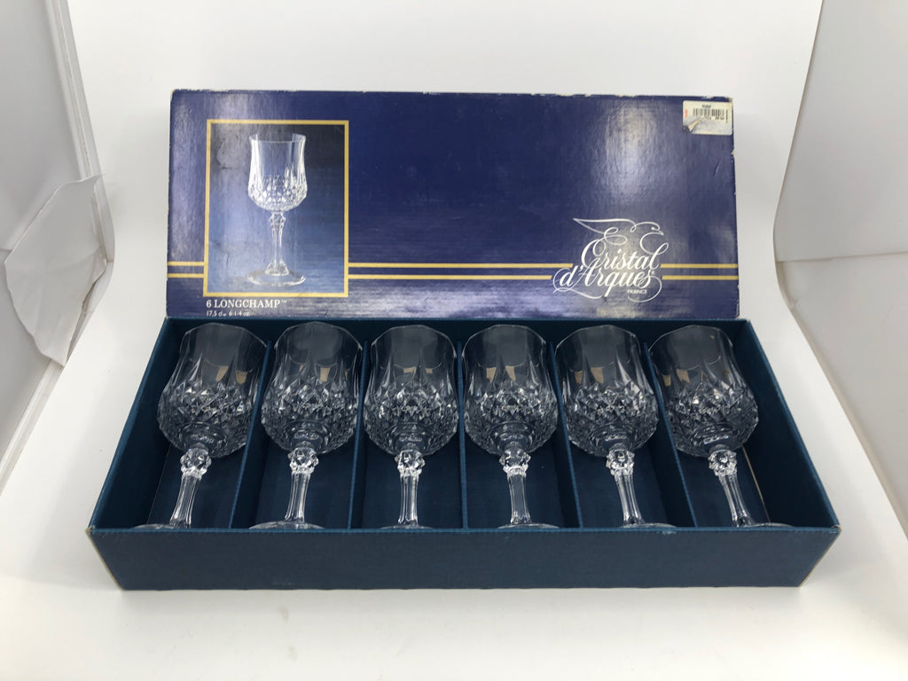 6 LONGCHAMP WINE GLASSES- IN BOX.