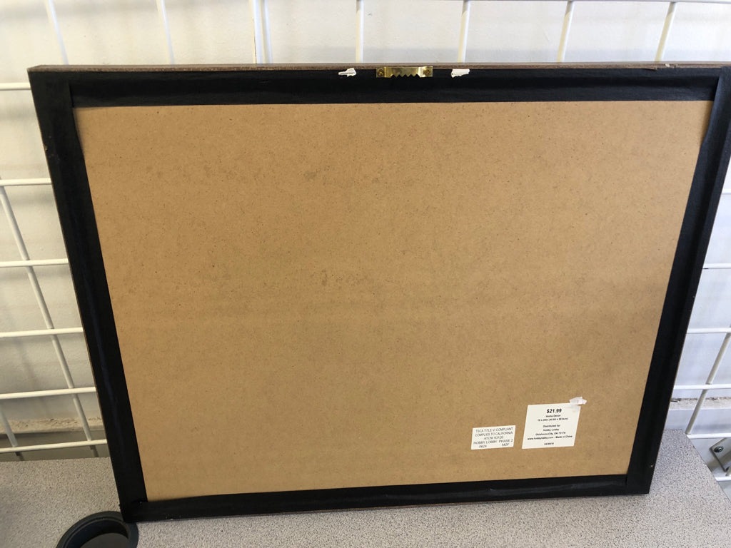 BROWN PAINTED BOUQUET, BLUE VASE IN WOOD FRAME.