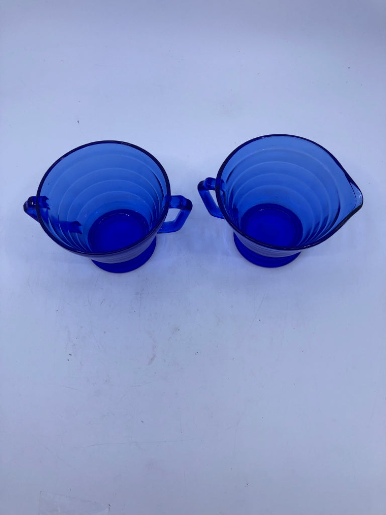 VTG COBALT BLUE DEPRESSION GLASS SUGAR BOWL & CREAMER.