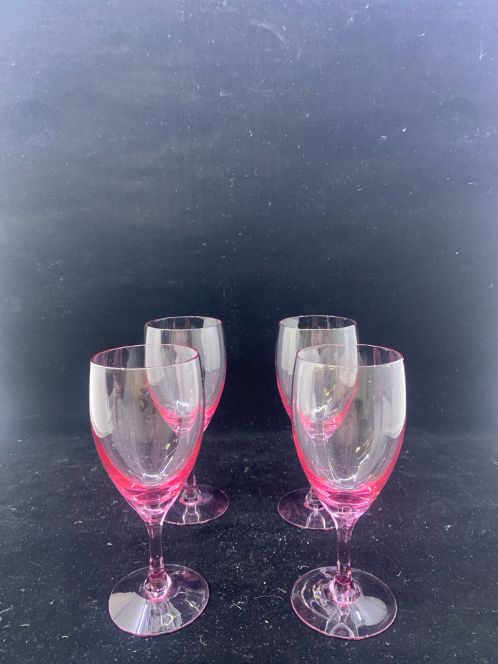 4 PINK GLASS WINE GLASSES.