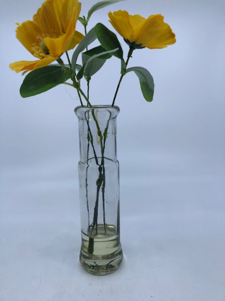 FAUX YELLOW FLOWER IN GLASS VASE.