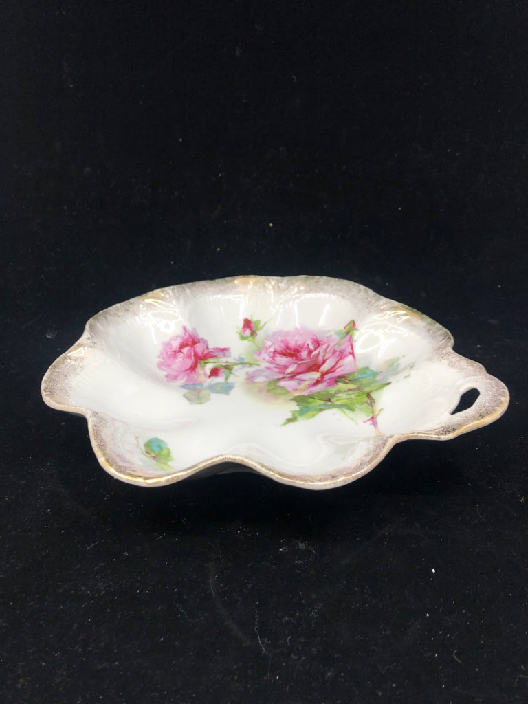 VTG STAMPED PINK ROSE SMALL BOWL- GOLD DETAIL/ HANDLE.