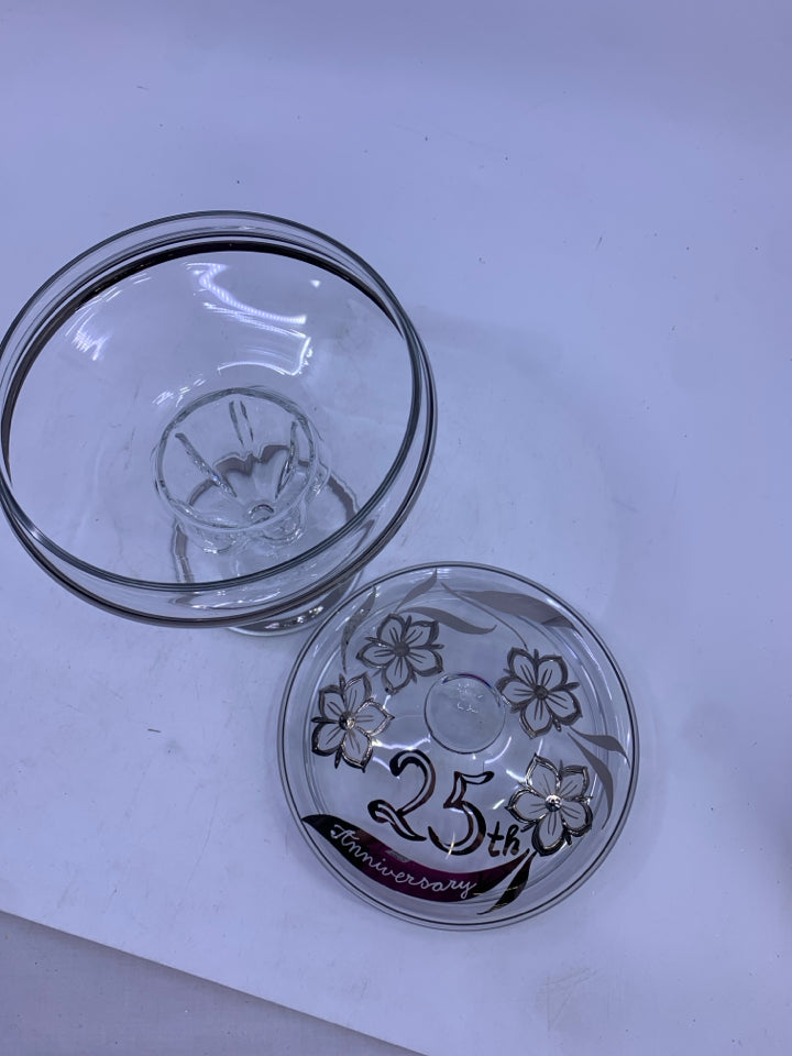 VTG 25TH ANNIVERSARY GLASS/SILVER ETCHED FLOWERS CANDY DISH W/LID.