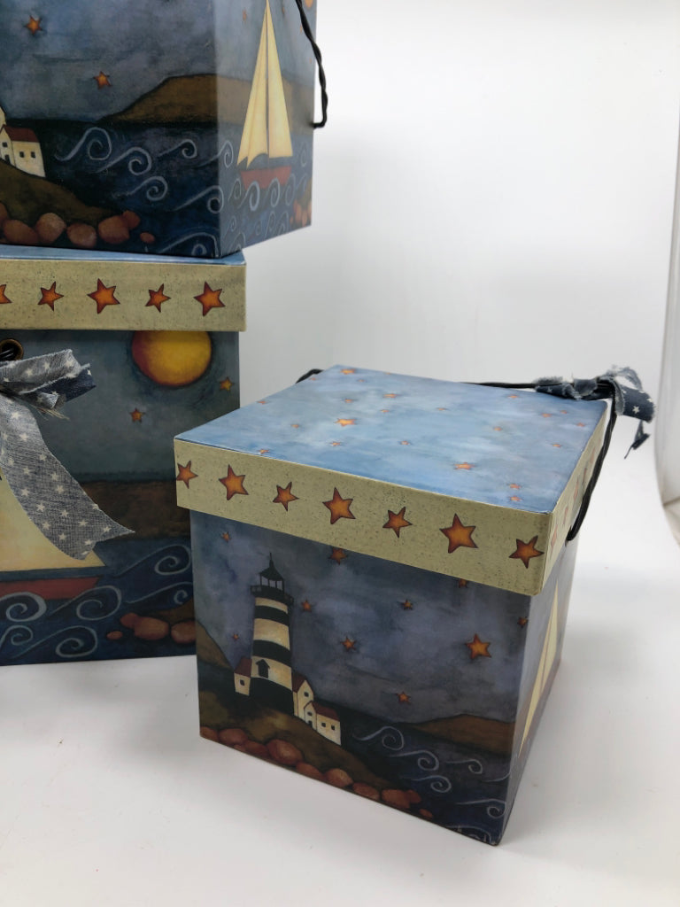 3PC SAILBOAT/LIGHTHOUSE THEMED NESTING BOXES.