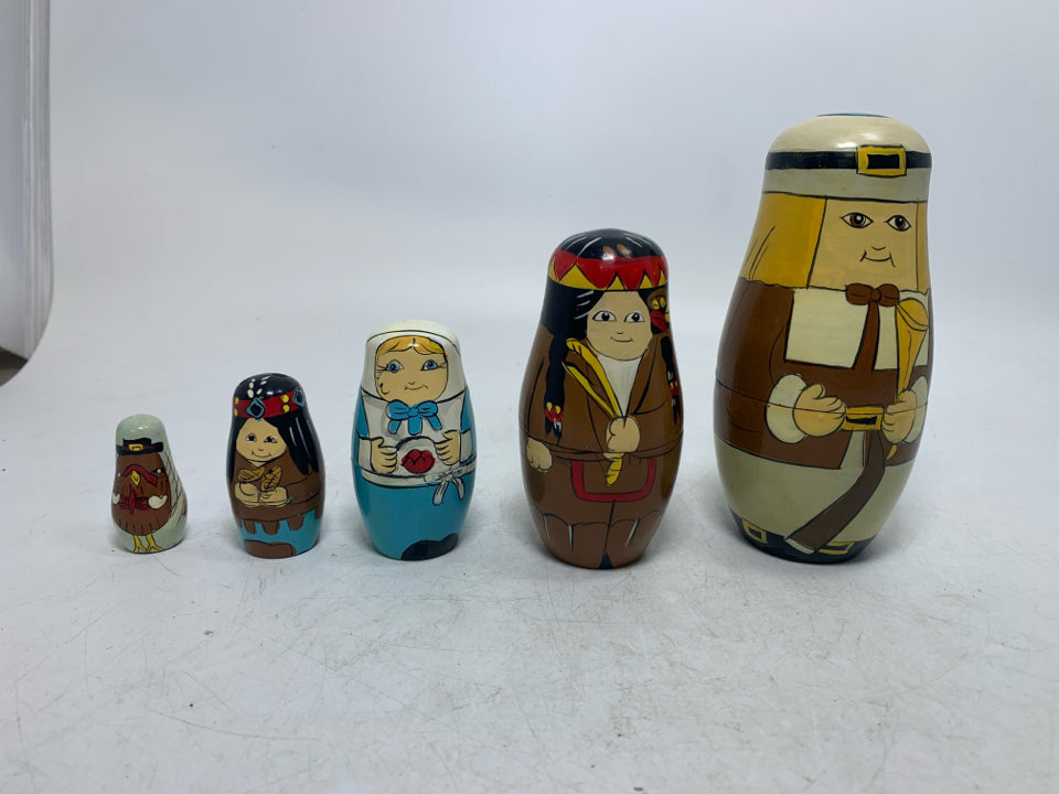 VTG 5 PC NESTING WOOD DOLLS PILGRIMS & INDIANS.
