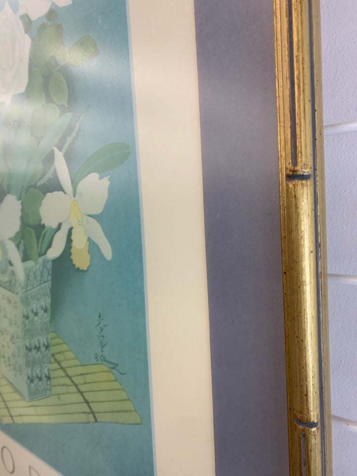 JAPANESE WOODCUT BLUE FLORAL PRINT IN BAMBOO-STYLE FRAME.