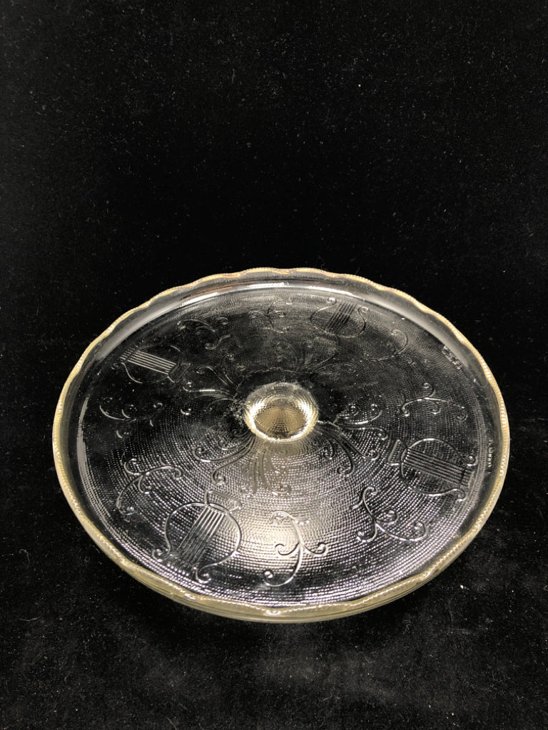 VTG GLASS CAKE STAND W/TEXTURED DETAILING.