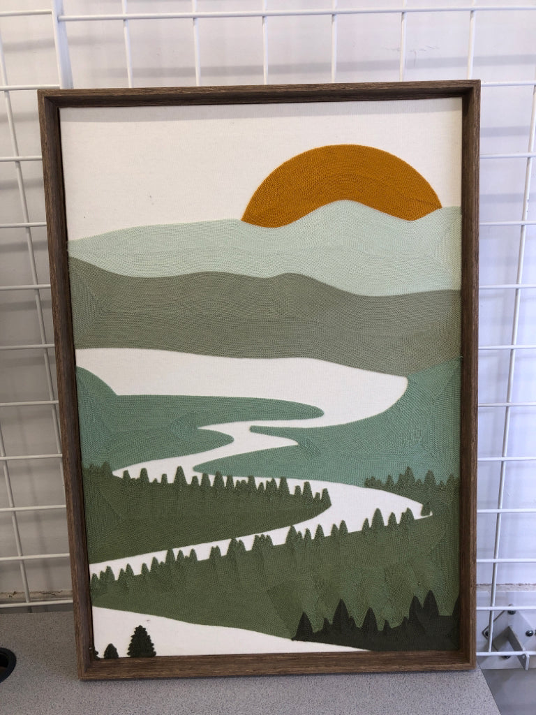 EMBROIDERED LANDSCAPE SCENE WALL ART.