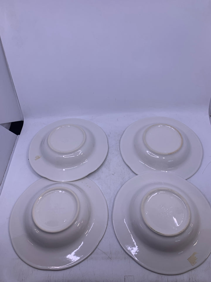 4 OFF WHITE SHALLOW BOWLS DETAILED EDGE.