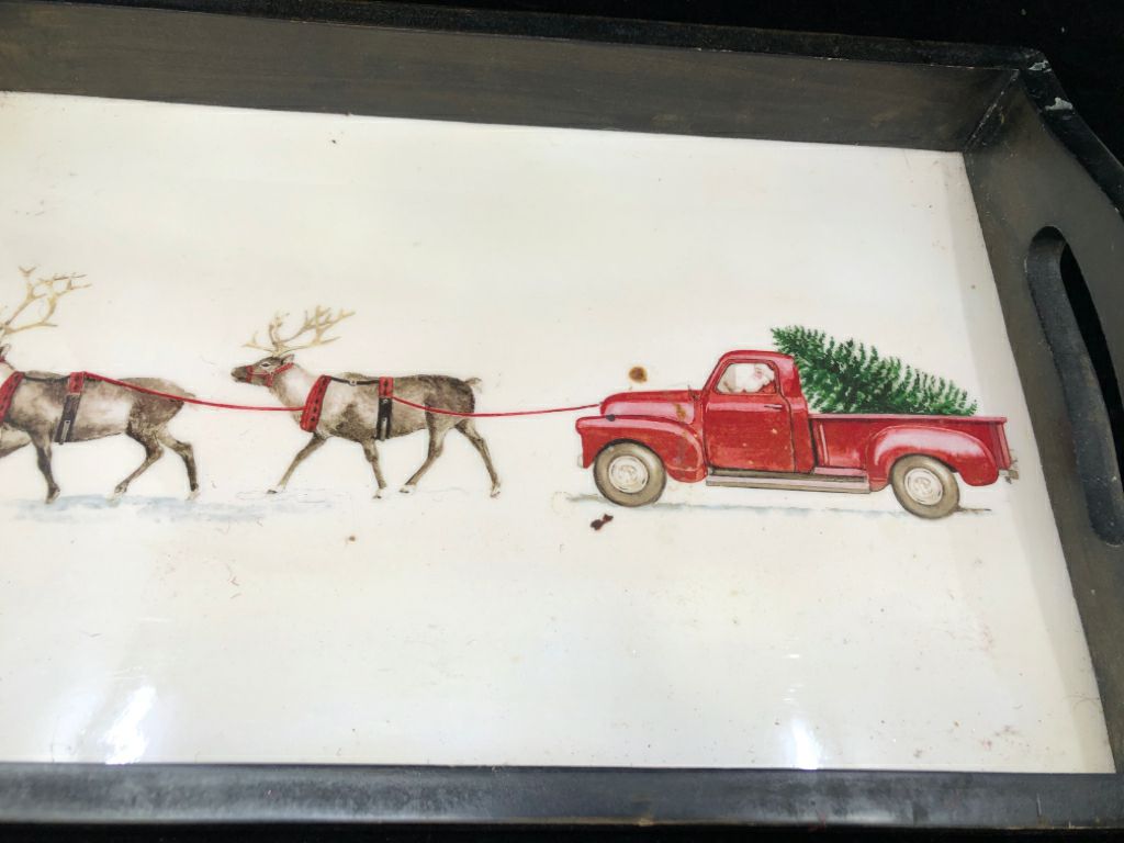 BLACK TILE TRAY RED TRUCK REINDEER W/ HANDLES.