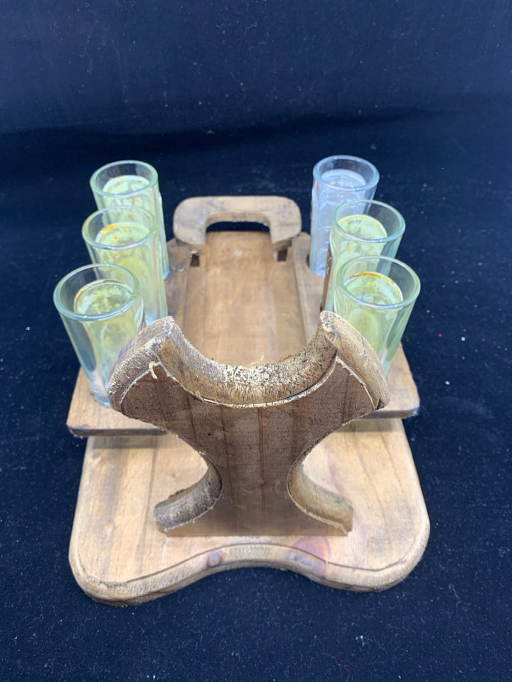 VTG TEQUILA BOTTLE HOLDER & SHOT GLASSES.