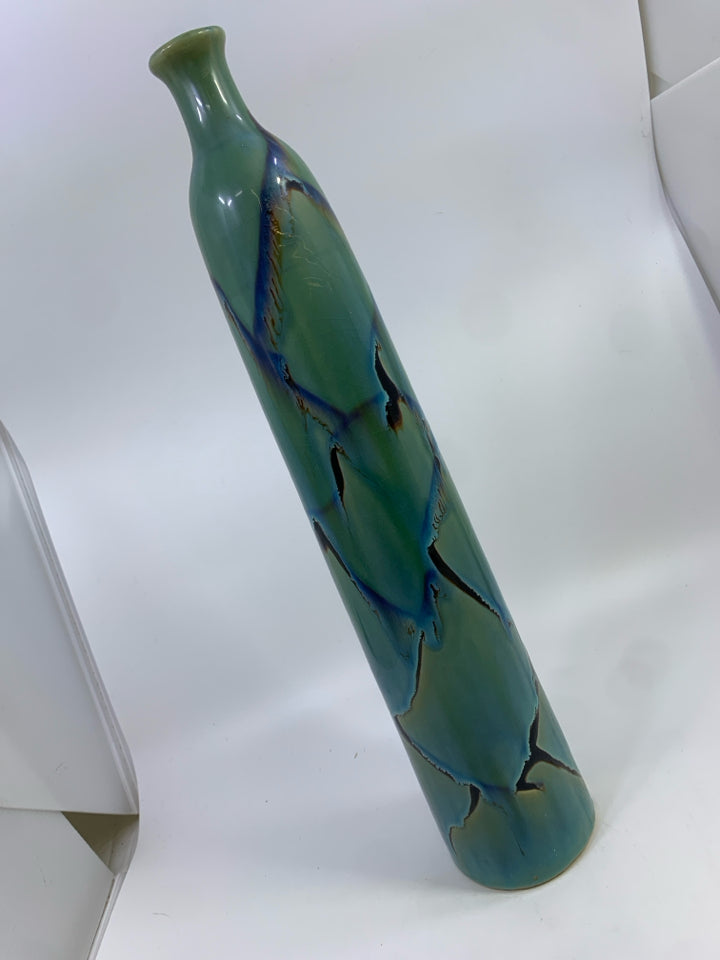 TEAL BLACK SWIRL TALL POTTERY VASE.