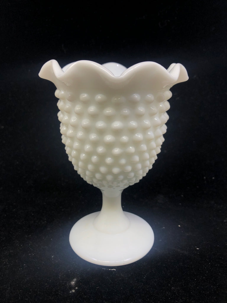 FOOTED HOBNAIL MILK GLASS VASE W/ RUFFLE.