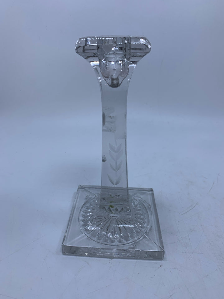 CLEAR GLASS SQUARE BOTTOM TAPERED CANDLE HOLDER ETCHED FLOWERS.