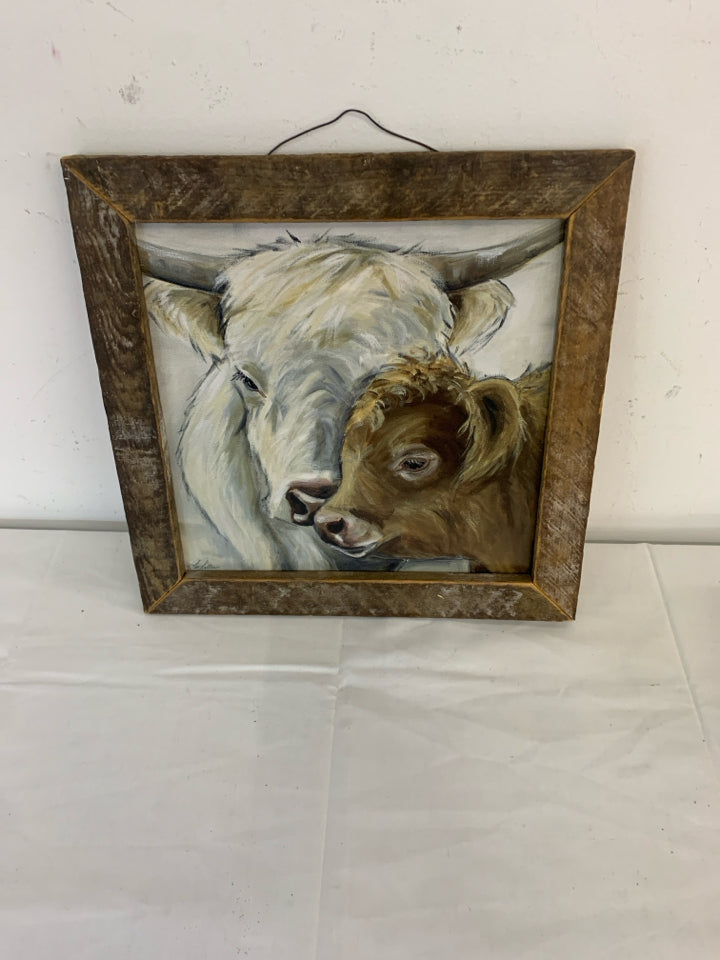 2 FURRY COWS WALL ART W/ DISTRESSED FRAME WHITE/BROWN.