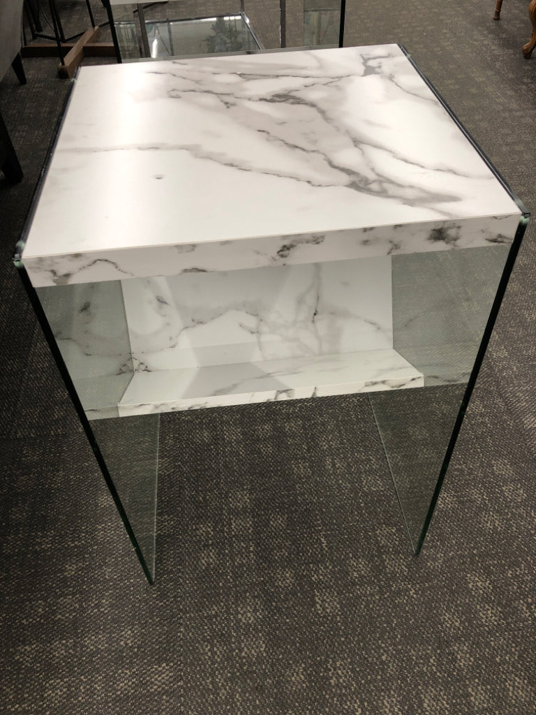 FAUX MARBLE END TABLE W/GLASS SIDES & FAUX MARBLE SLANTED SHELF.
