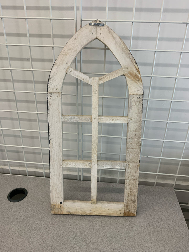 DISTRESSED WHITE ARCHED CATHEDRAL WINDOW WALL DECOR.