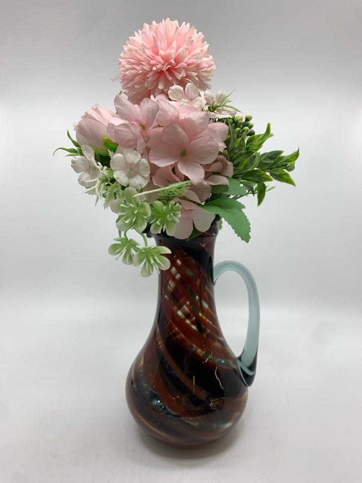 PINK FLORALS IN SWIRL PITCHER W/MARBLES.