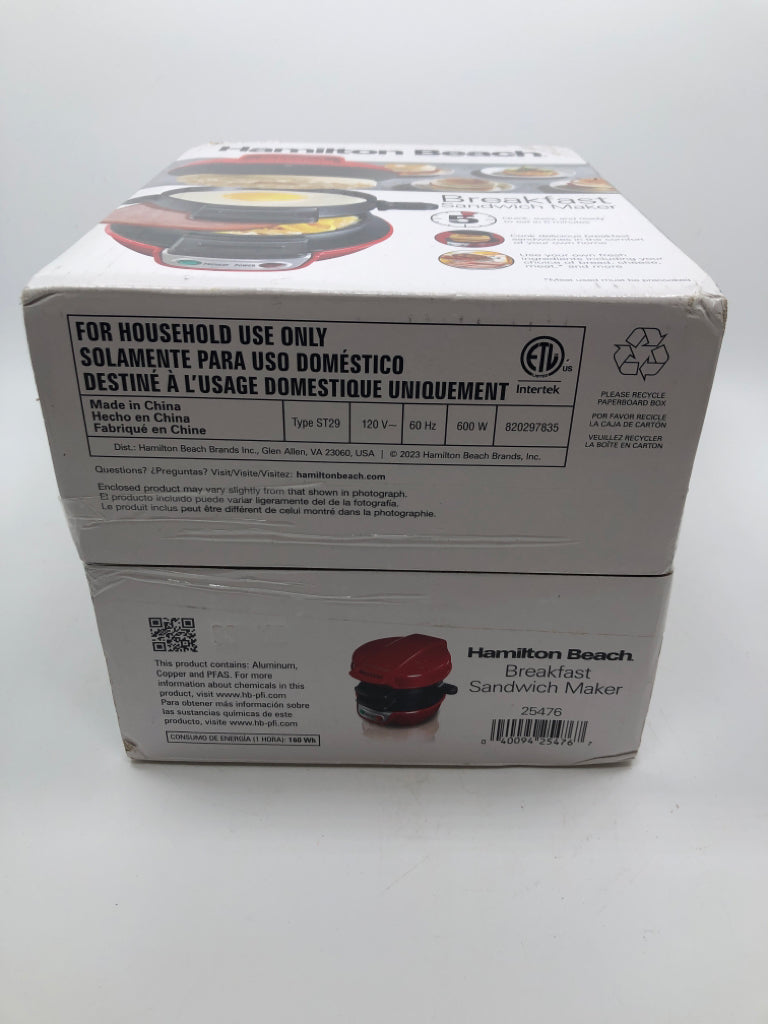 NIB HAMILTON BEACH BREAKFAST SANDWICH MAKER.