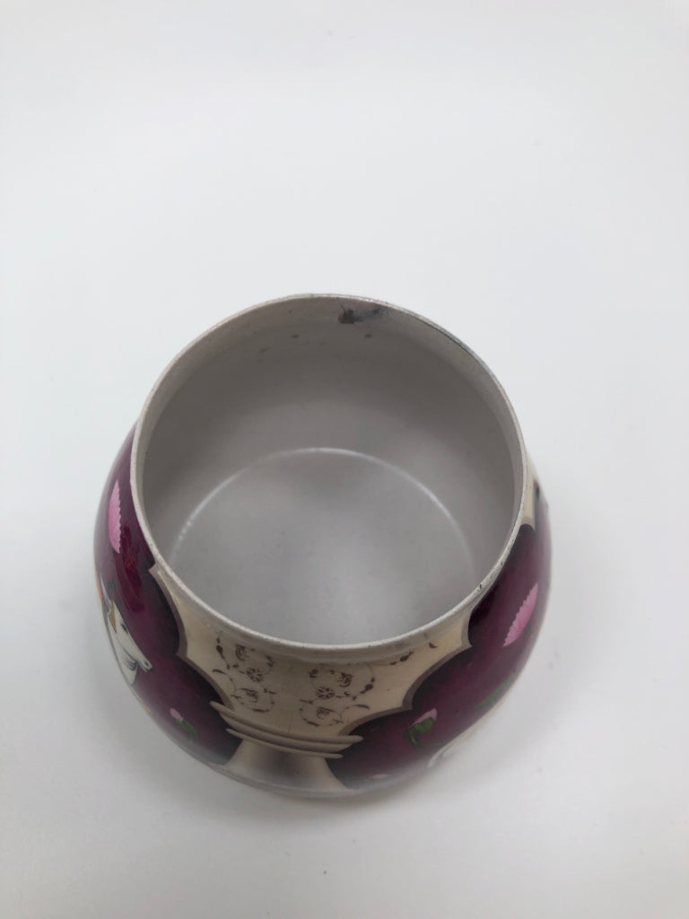 WHITE METAL JAR W/COW PRINT AND LID.