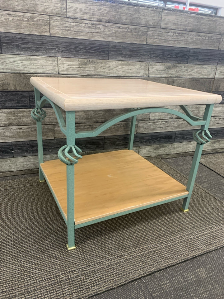 GREEN METAL & BLONDE WOOD TABLE.