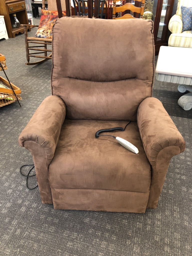 BROWN SUEDED ELECTRIC RECLINER.