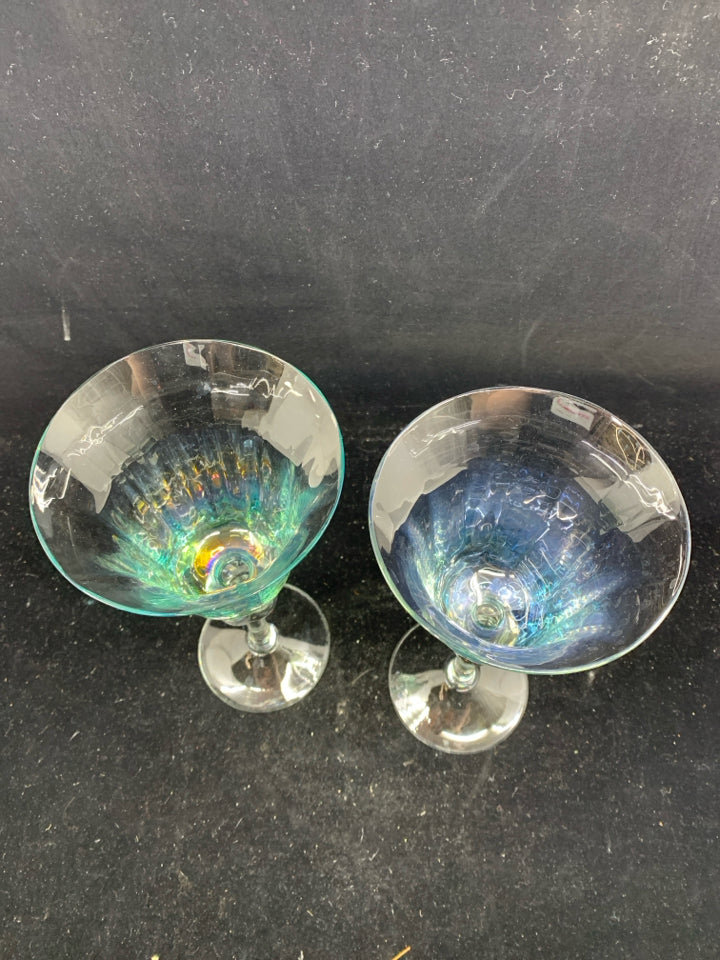 2 TALL FLARED IRIDESCENT WINE GLASSES.