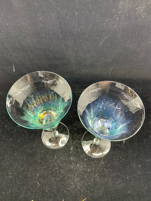 2 TALL FLARED IRIDESCENT WINE GLASSES.