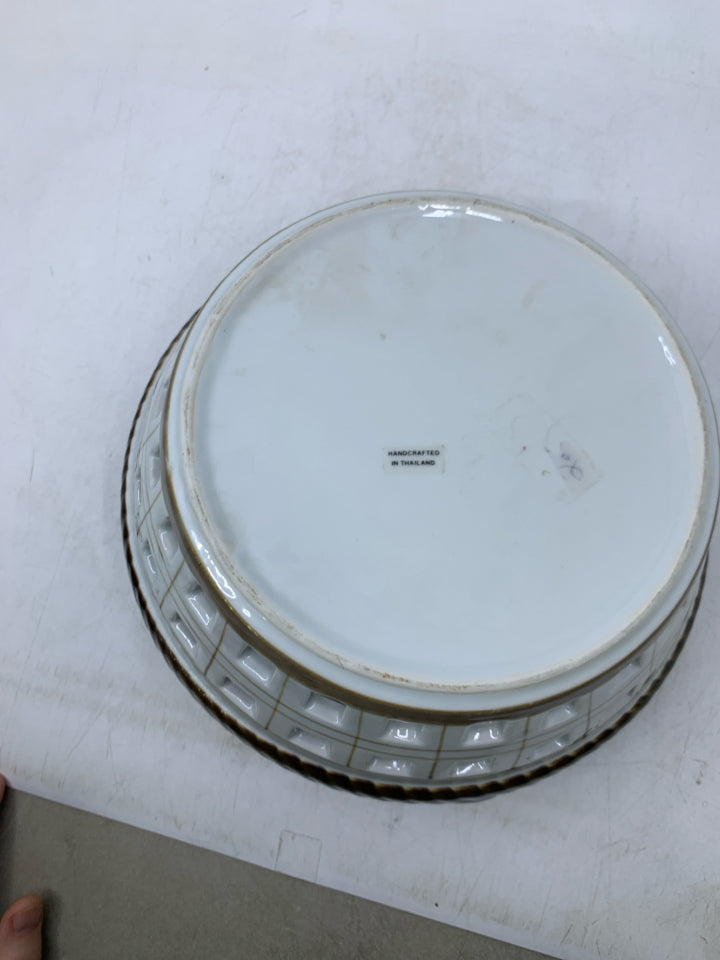 CERAMIC BASKET BOWL PINK ROSES BROWN EDGE PIERCED.