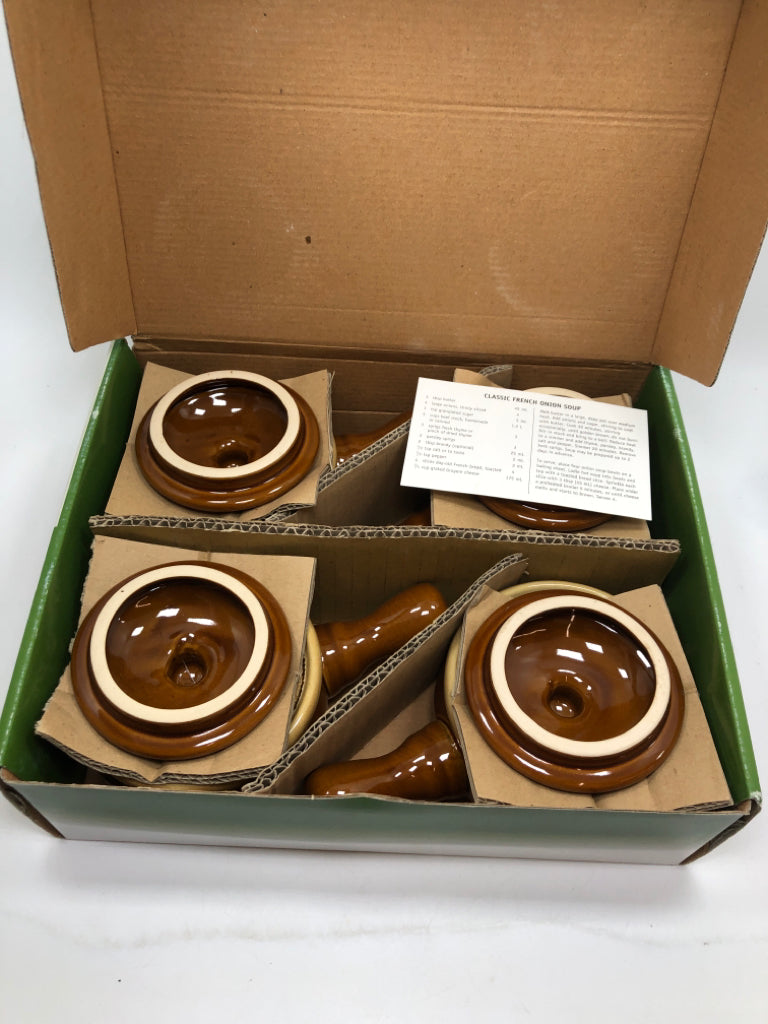 NIB BROWN GLAZE SOUP BOWL SET.