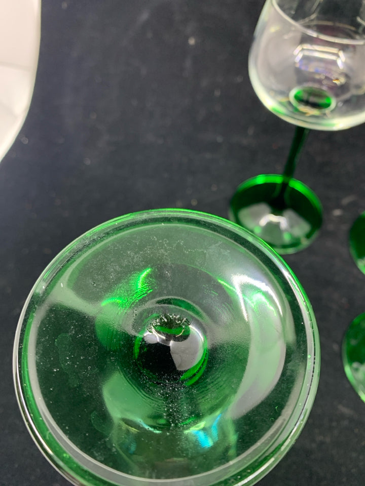 6 GREEN STEM WINE GLASSES.