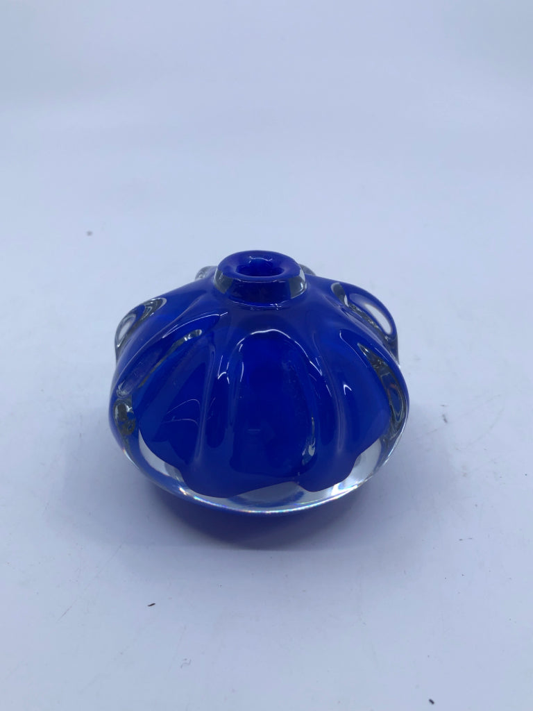 BLUE GLASS BUD VASE- SIGNED.