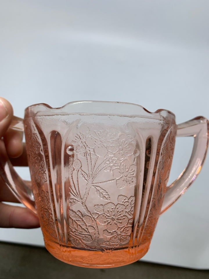 VTG DOUBLE HANDLE DEPRESSION GLASS W/ EMBOSSED FLOWERS.