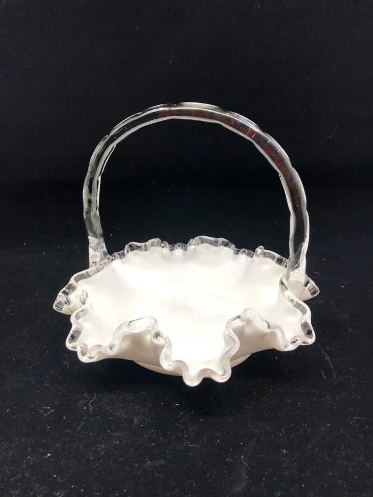 VTG MILK GLASS BASKET W CLEAR GLASS RIM AND HANDLE.