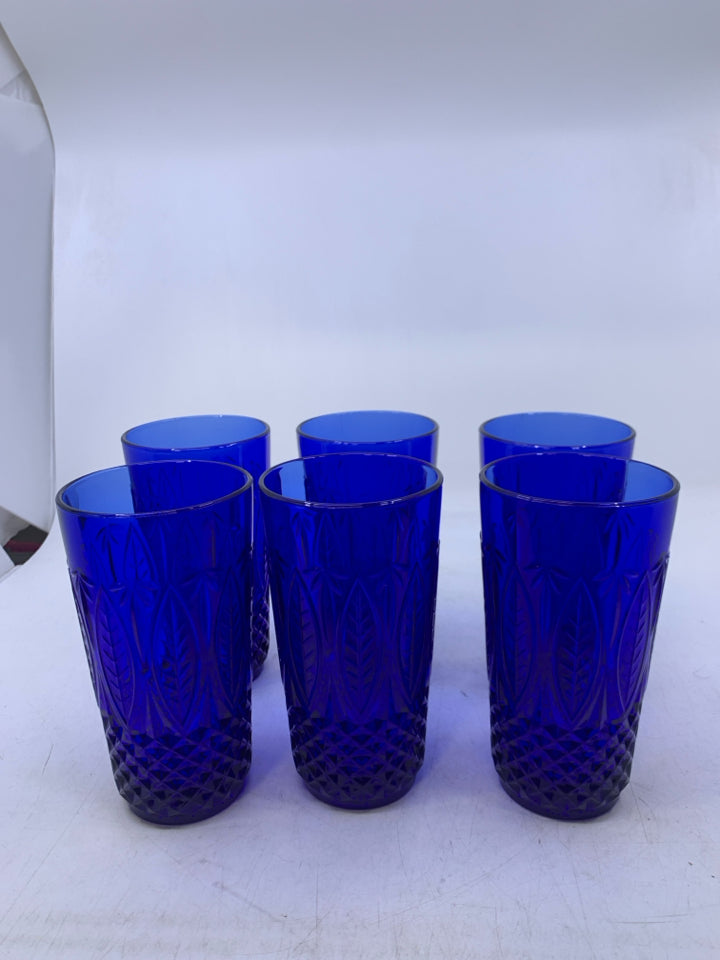 6 COBALT BLUE EMBOSSED DESIGNS GLASSES.