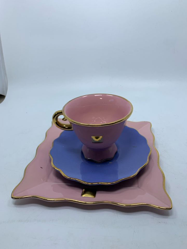3 PC TEA CUP/SAUCER SET BLUE/PINK W/ SSQUARE SNACK PLATE ARTICHAUT.