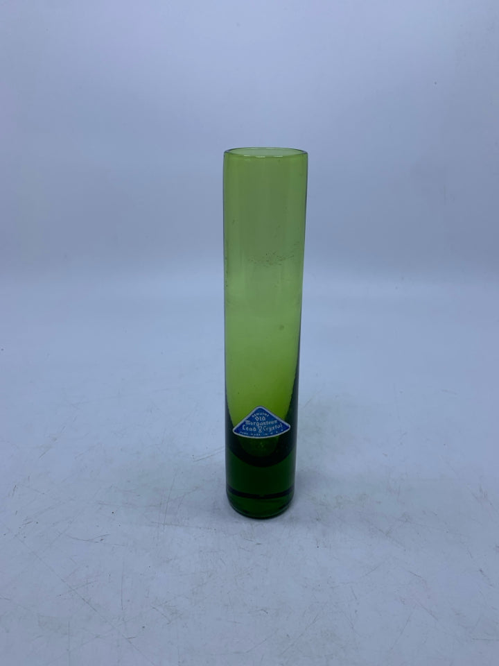 GREEN GLASS CYLINDER VASE HEAVY BOTTOM.