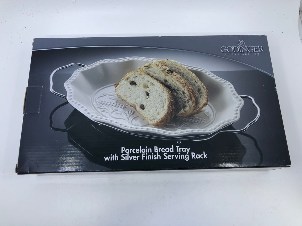 NIB PORCELAIN BREAD TREY W SILVER FINISH SERVING RACK.